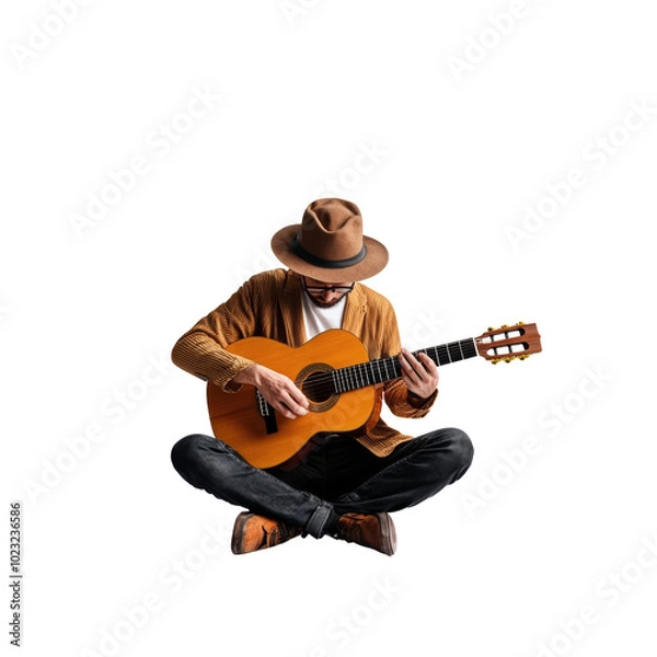 Fototapeta Man wearing hat and casual clothing playing an acoustic guitar while sitting cross-legged on the floor, creating a relaxed musical vibe.