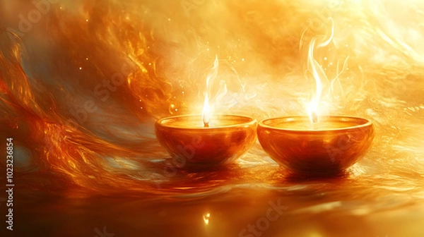 Fototapeta 3D Icon Glossy Abstract Digital Painting of Dhanteras Oil Lamps - Pan Across Serene Scene with Warm Tones and Glossy Effects, Isolated White Background Symbolizing Light and Prosperity