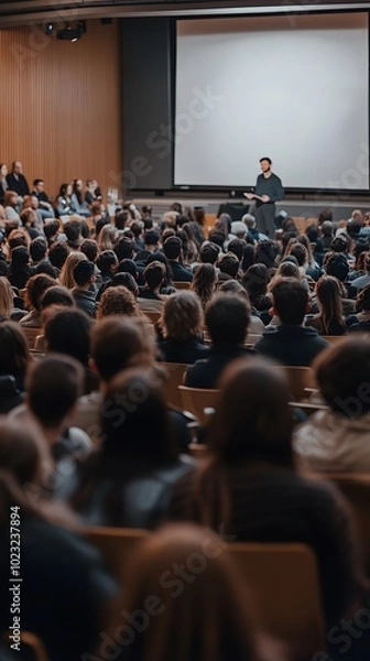 Fototapeta A photograph of an audience at the front and side view from behind, watching someone giving a presentation on stage in a conference hall