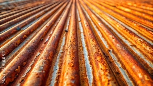 Fototapeta A close-up view of a rusty corrugated metal surface, showcasing the intricate pattern of oxidization and the interplay of light and shadow