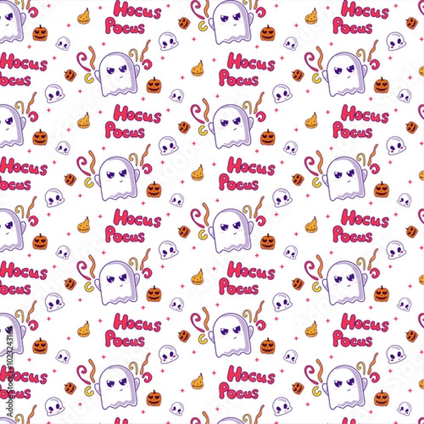 Fototapeta Halloween ghosts pattern, cute characters in pumpkins, magic, hocus pocus text on white background in flat for wrapping papers, wallpapers, packaging, scary autumn party illustration