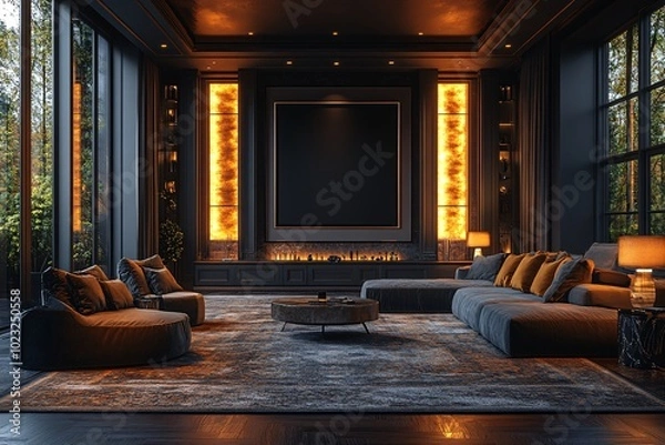 Fototapeta Modern Living Room with Large Frame and Cozy Seating