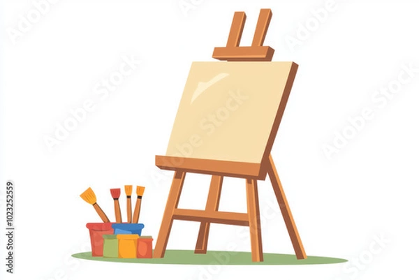 Fototapeta A blank canvas on an easel stands next to a cup filled with paint brushes, clipart style
