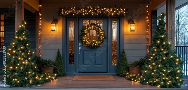 Fototapeta Warmly Lit Front Porch with String Lights and Natural Pine Garland Around the Door for Christmas