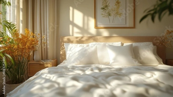 Fototapeta comfortable modern bedroom featuring plush cream and white pillows artfully arranged on a sleek bed bathed in soft warm natural light creating an inviting atmosphere