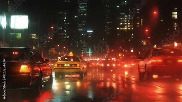 Obraz A busy city street at night, illuminated by car headlights and streetlights