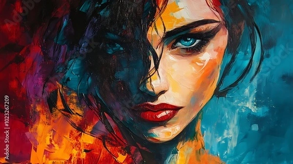 Fototapeta Close-up portrait of a woman with blue eyes and red lips painted in a colorful abstract style.