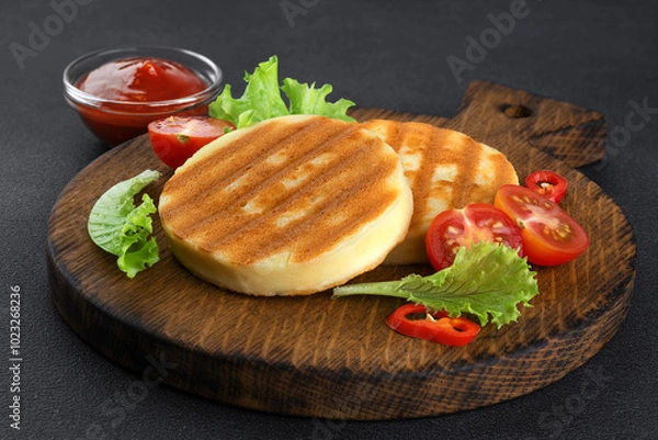 Fototapeta Grilled cheese with cherry tomatoes, chili pepper and lettuce salad