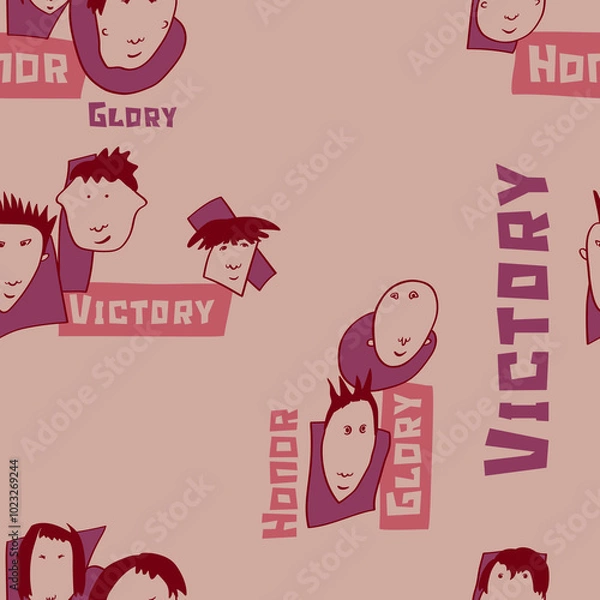 Fototapeta Seamless background with funny faces of anthropomorphic creatures. Humorous characters with different emotions