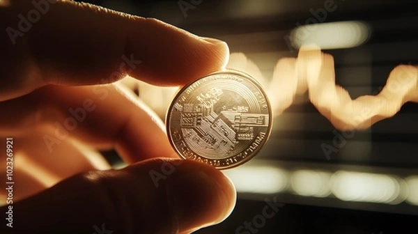 Fototapeta Gripping a shiny coin with fast-moving stock market charts and lines behind