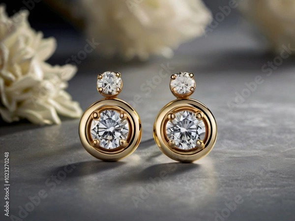Fototapeta a pair of elegant gold earrings adorned with round-cut diamonds.
