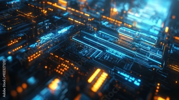 Fototapeta A close-up view of a futuristic circuit board with glowing blue and orange lights.