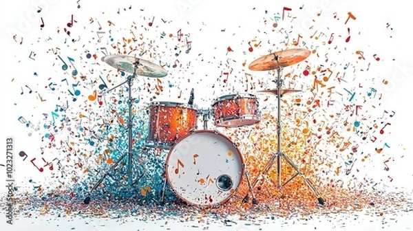 Fototapeta A colorful drum set surrounded by an explosion of vibrant musical notes and confetti, symbolizing the energetic and rhythmic essence of music creation.