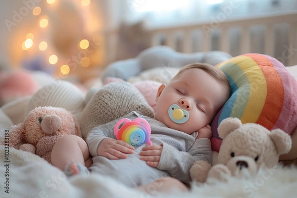 Fototapeta Sleeping baby with pacifier surrounded by stuffed toys. An adorable scene perfect for use in parenting, newborn care, and childhood themes in marketing and editorials
