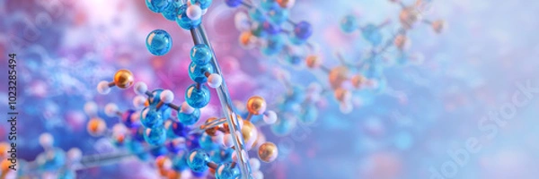 Fototapeta Amino acids in protein molecules, essential for DNA molecular structure, metabolism, muscle synthesis, recovery. MicroRNA gene expression. Health, fitness, nutrition, dietary supplements 3D banner