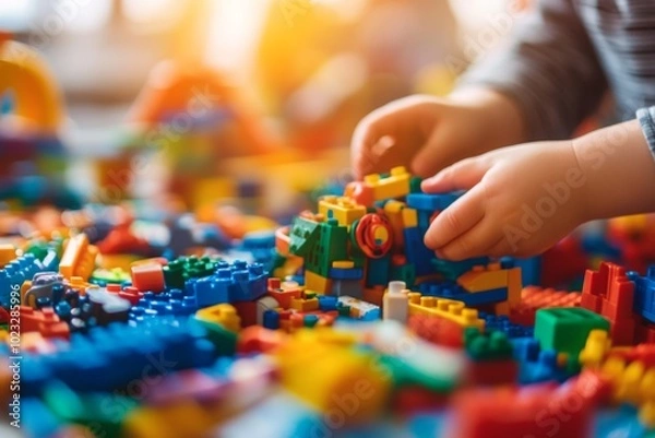 Fototapeta Child's Hands Playing with Colorful Building Blocks