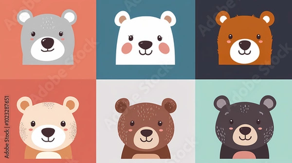 Fototapeta Set Bear card templates. Cute cartoon bear faces,paper art and digital craft style.