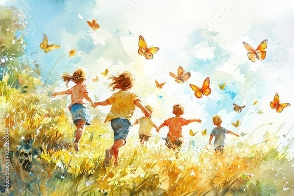 Fototapeta A vibrant watercolor painting of children joyfully running through a field, surrounded by colorful butterflies.