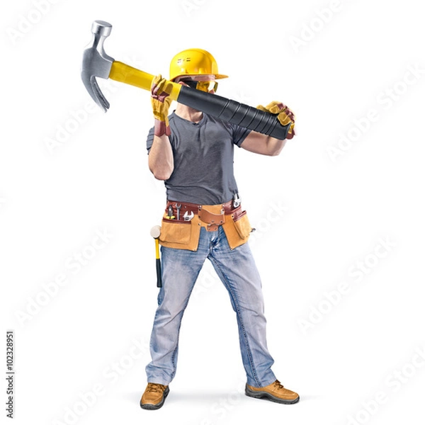 Obraz construction worker with tool belt and hammer