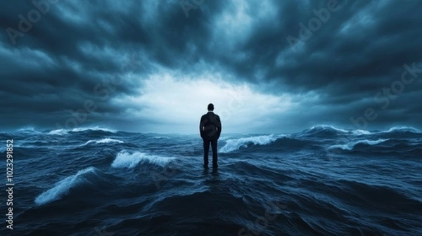 Fototapeta Person standing at the edge of a dark ocean, staring at an unclear horizon, waves crashing unpredictably, metaphor for life’s uncertainties 