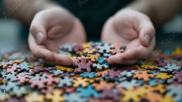 Obraz Puzzle pieces scattered on a table, some missing or incomplete, person’s hands hovering in indecision, symbolizing uncertainty in putting life together 