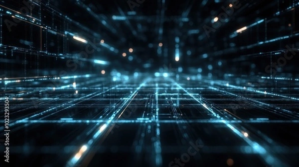 Fototapeta A futuristic digital landscape with glowing lines and points, suggesting a virtual environment.