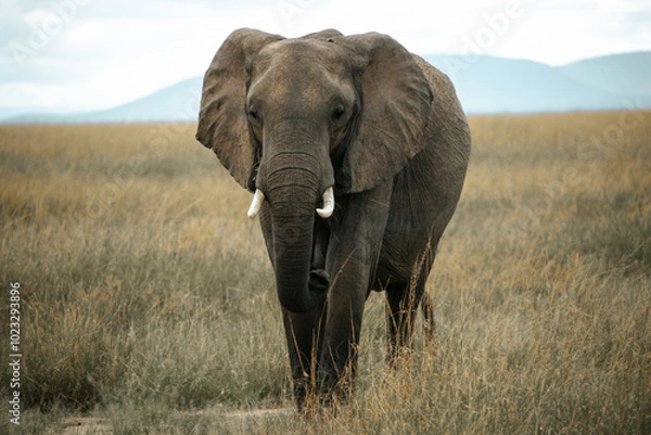 Obraz African elephant  in maasai mara field.  Meduim shot. mountain background. Kenya.