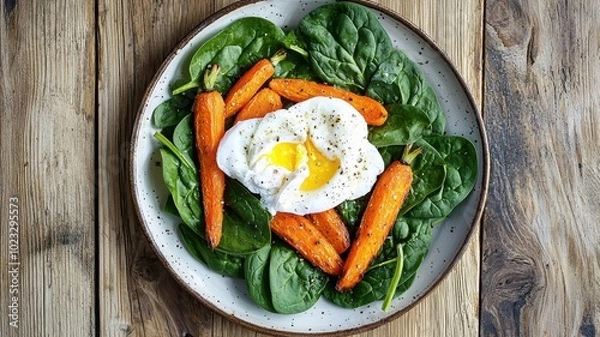 Fototapeta Delicious spinach salad with boiled eggs and roasted carrots, rustic wooden table.
