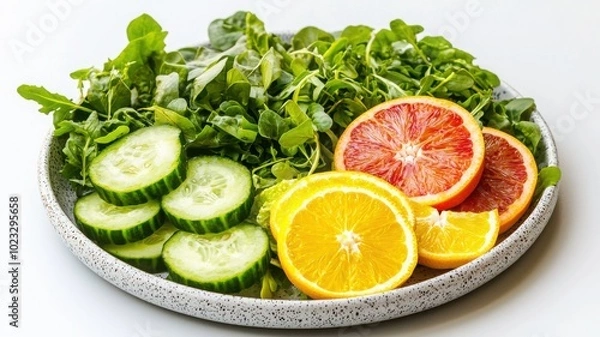 Fototapeta Fresh salad with cucumbers, oranges, and greens on a speckled plate.