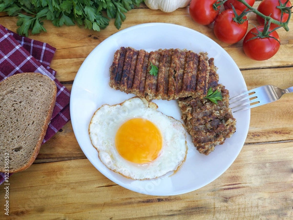Fototapeta Breakfast with goetta  and fried egg