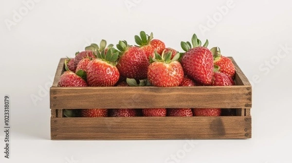 Fototapeta Freshly picked strawberries laid in a wooden crate, with space for your message nearby