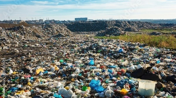 Fototapeta A vast landscape of discarded plastic and waste at a landfill site, highlighting the environmental impact of pollution.