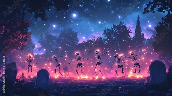 Fototapeta A whimsical cartoon-style illustration of dancing skeletons in a misty graveyard. The sky is full of bright stars, and tombstones are scattered around. The skeletons are in cheerful dance poses,