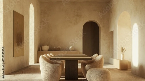 Fototapeta Boucle chairs around a modern dining table in a minimalist living room with warm stucco walls and an arch doorway. Sleek and airy.