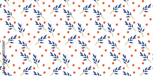 Obraz Cute and seamless pattern with blue leaves and small orange flowers on a white background