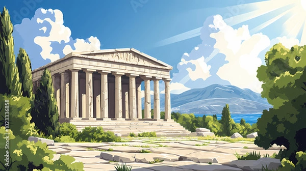 Obraz Modern illustration of ancient greek temple with marble pillars and cracked stones in summer landscape. green trees, bushes, blue river, sunshine fill the sky. Ancient Greek Temple. Illustration