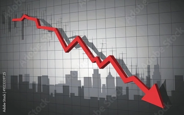 Fototapeta Red arrow indicating decline on stock market graph background