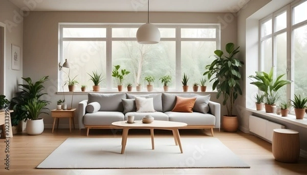 Obraz a Scandinavian home interior featuring minimalist furniture in natural wood tones, large windows allowing ample daylight, a cozy seating area with a light grey sofa, a textured white rug on a wooden f