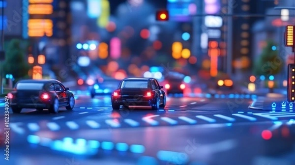 Fototapeta A vibrant city scene at night featuring miniature cars and illuminated buildings.