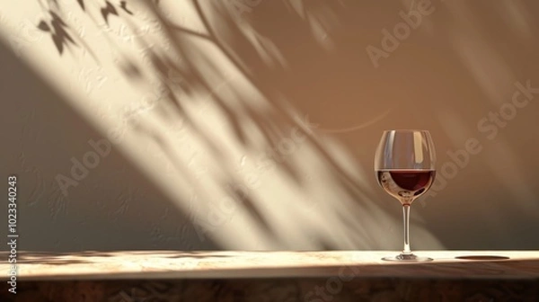 Obraz A Bordeaux wine glass rests on a wooden surface, illuminated by gentle afternoon light, creating a serene and minimalist ambiance perfect for wine appreciation