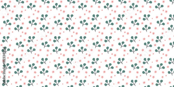 Obraz Cute pattern with green leaves and small pink flowers on a white background