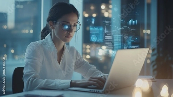 Fototapeta Professional woman interacting with digital data screens