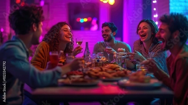 Fototapeta Friends celebrating with a lively game night, filled with laughter and a table full of snacks.