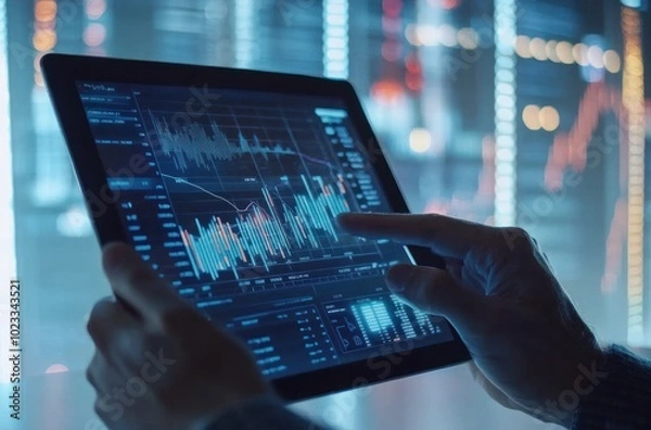Fototapeta Hands using a tablet to assess stock market charts