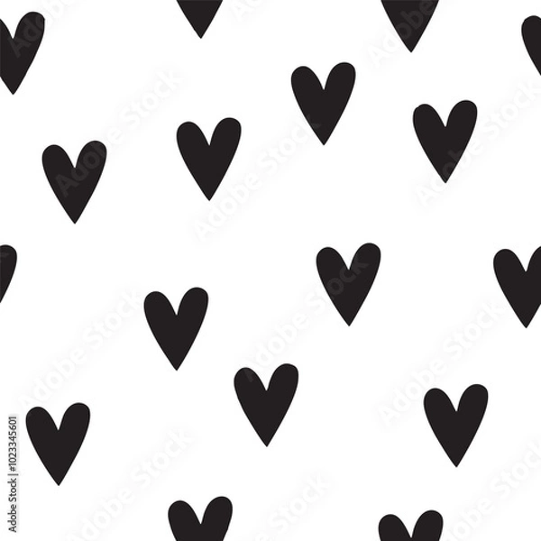 Fototapeta Monochrome seamless pattern with hearts Isolated on white background. Texture for scrapbooking, wrapping paper, textiles, home decor, Wallpaper, Fabric. Black and White Vector Background Illustration