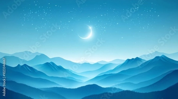 Fototapeta A simple illustration of a peaceful nature scene with stylized mountains, glowing moon, and stars