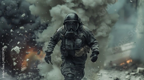 Obraz Heavily Equipped Soldier Advancing Through Smoke and Explosions During Intense Combat