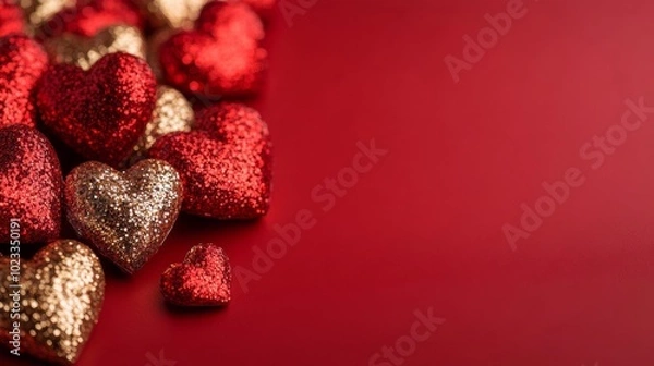 Fototapeta Elegant Valentine's background with subtle gold hearts and sparkles on a deep red surface, with a clear area for text 