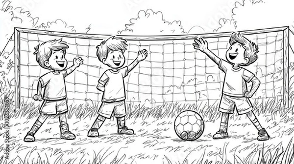 Obraz A coloring page of Kids Enjoying Fun Soccer Match on Field