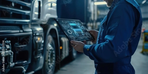 Obraz Mechanic Examining Truck Schematic on a Tablet